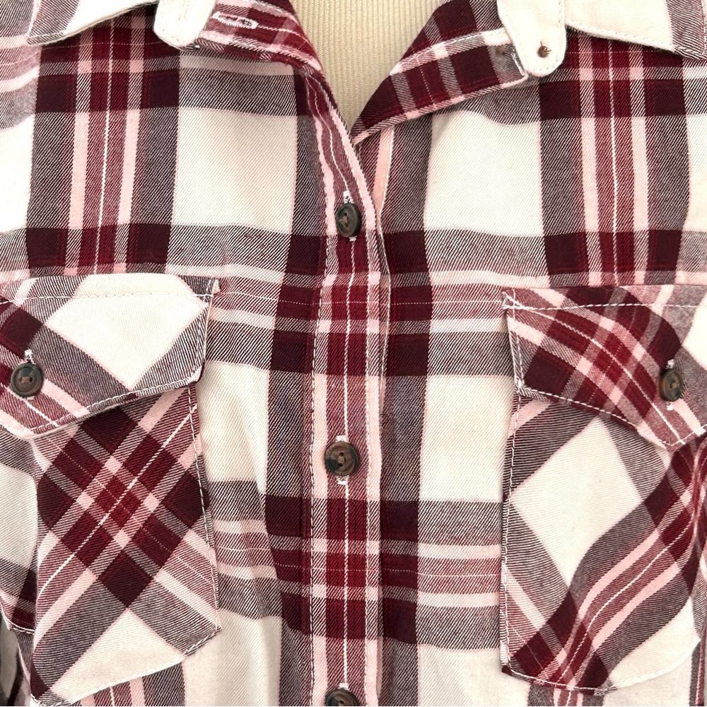 🌸NWT Sanctuary Boyfriend Maroon Plaid Button Down Shirt. Lightweight Flannel. M - Picture 4 of 15